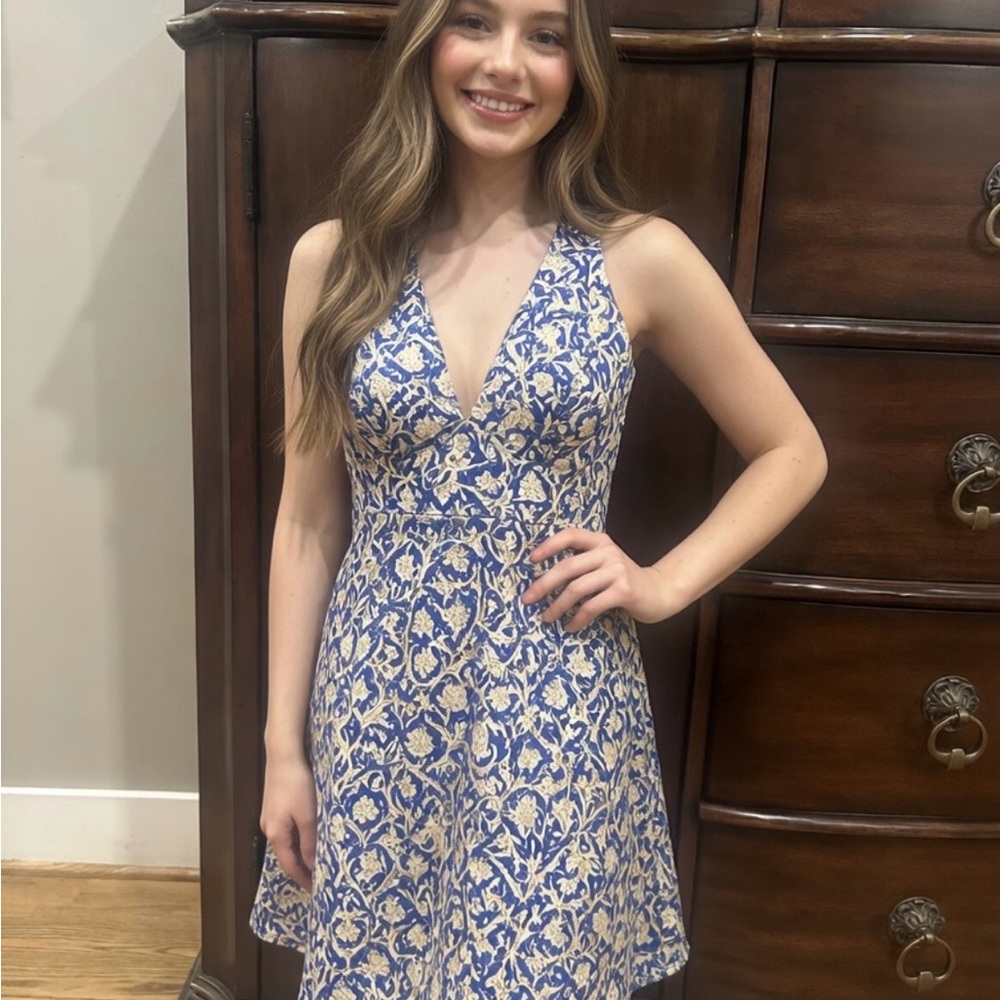 Minuet Blue and Cream Floral V-Neck Mini Dress